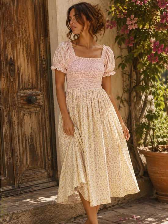 Celebrity Pink Dresses & Skirts - Cottagecore Floral Smocked Midi Dress Pink Yellow 100% Cotton L